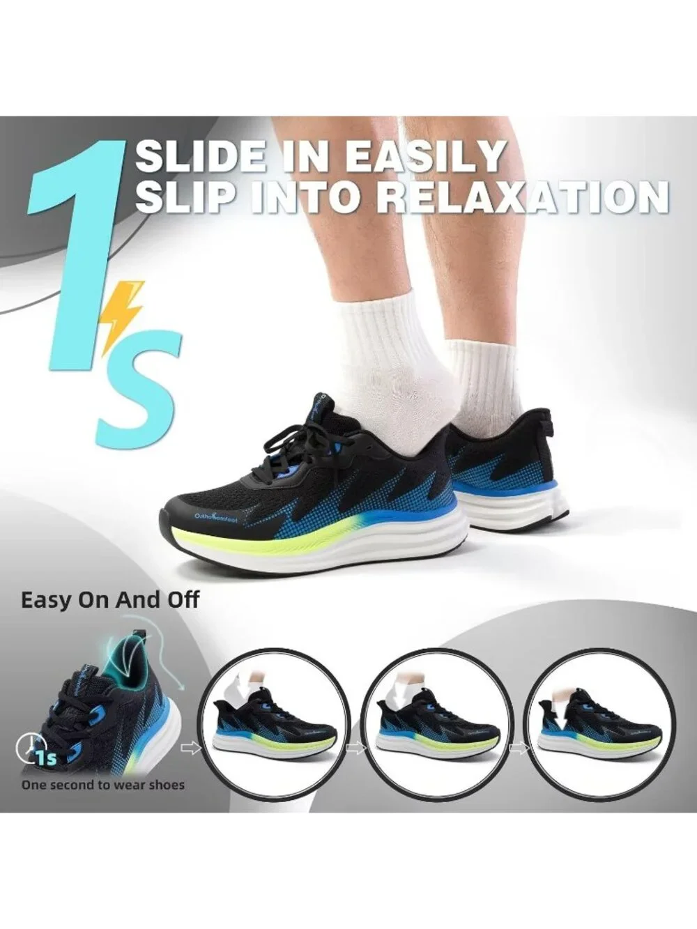 OrthoComfoot Men's Black Rubber Sole Comfortable Hiking Athletic Running Shoes
